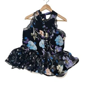 3.1 Phillip Lim Silk Floral Peplum Halter Top Ruffle Black Blue Size 10